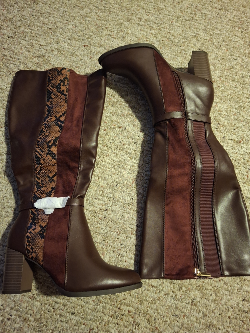 cloudwalkers Brown Knee-High Block Heel Boots with Snake-Print Accent